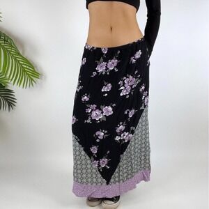 Vintage Y2K Black Fairy Grunge Floral Cottage Low Rise Patchwork‎ Midi Skirt